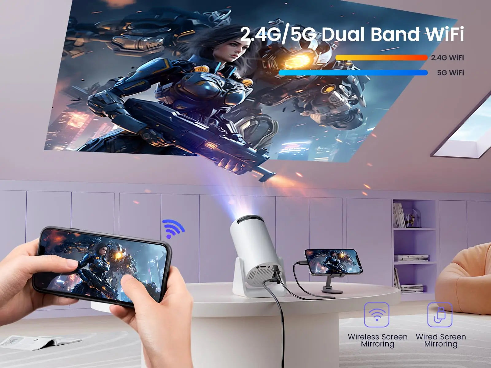 Mini Projector 1080P Support with 270° Rotating Bracket 300 ANSI 5G Wifi Bluetooth Auto Keystone Home Projector